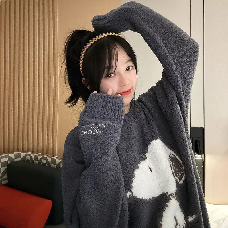 Miniso Snoopy Cartoon Long-Sleeved Soft Plush Pajamas Autumn Winter Cute Girls Thickened Warm and Comfortable Home Wear Set