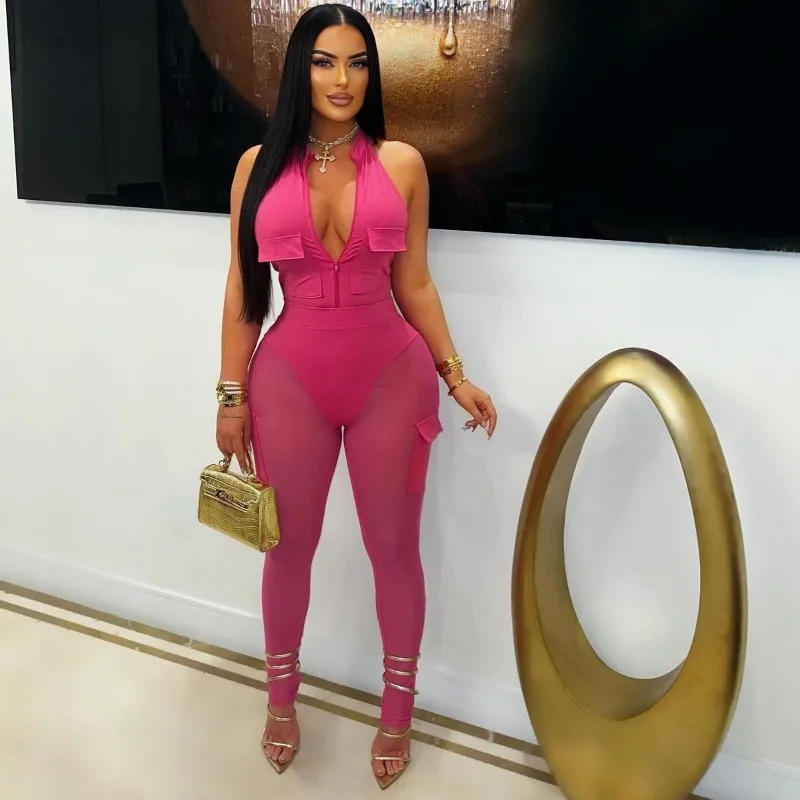 

Women Solid Pockets Cargo 2 Piece Set Sleeveless Front Zipper Halter Backless Bodysuits Tops High Waist Mesh Pants Fashion Suits