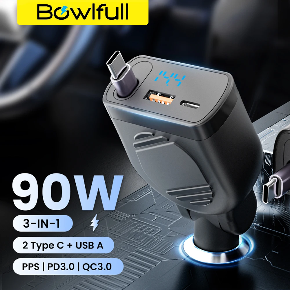 Bowlfull 90W USB C Car Charger 3 IN 1 Retractable Type C Cable QC3.0 PPS PD Super Fast Charge For iPhone 16 iPad Samsung Xiaomi