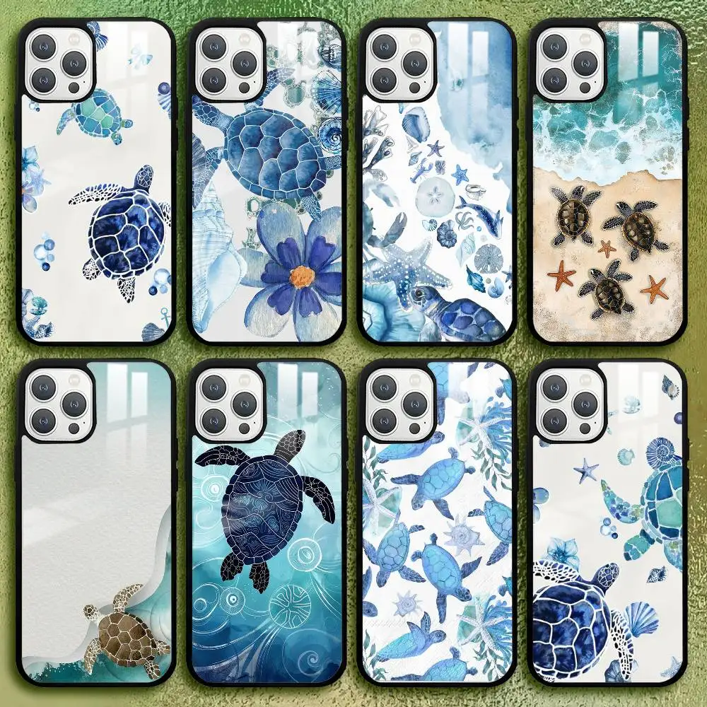 الحياة البحرية السلاحف البحرية الفن جراب هاتف آيفون 11 12 13 14 15 16Pro ماكس زائد نسيج زجاجي عالي الجودة
