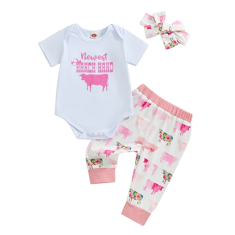 

Newborn Baby Clothes 3Pcs Pants Set Cow Print Short Sleeve Romper Pants Headband Beanies Hat