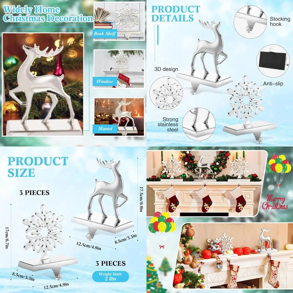 

6-Piece Silver Metal Christmas Stocking Holders, Reindeer and Snowflake Design, Fireplace or Mantle Mount, Perfect for Holiday H