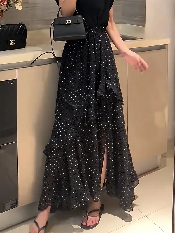 

Summer Women's A-Line Midi Skirt Polka Dot High Waist Asymmetrical High Waist Flared Skirts Korean Sle Commute Dres