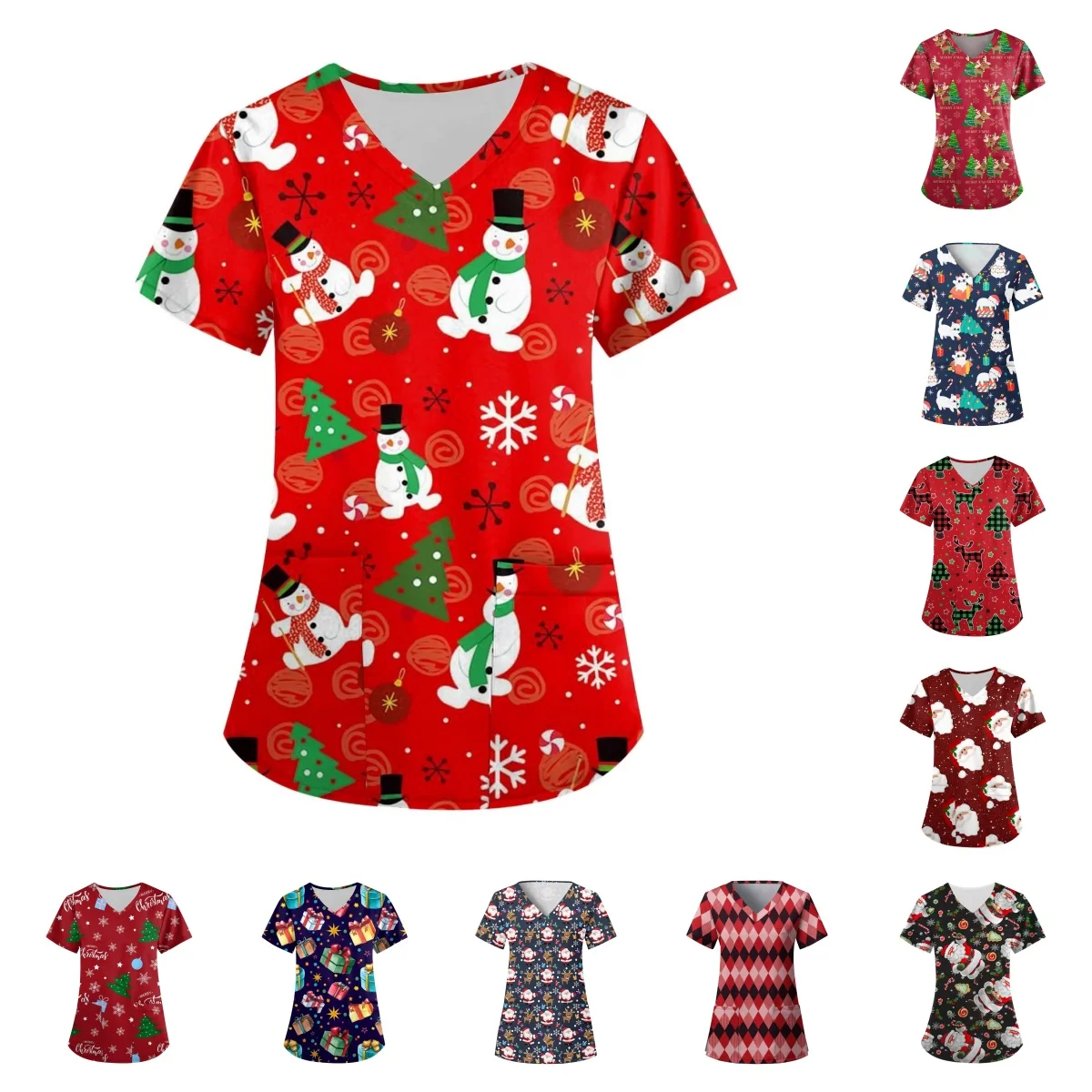 2025 Christmas Holiday Print Scrubs Medical Uniform, Cute Workwear Christmas Tops Short Sleeved V Neck Pocket, Beauty Salon Spa