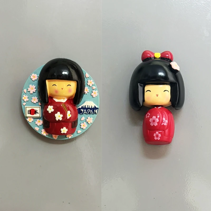 Japanese Mount Fuji kimono Doll Handmade Painted 3D Fridge Magnets Tourism Souvenirs Refrigerator Magnetic Stickers