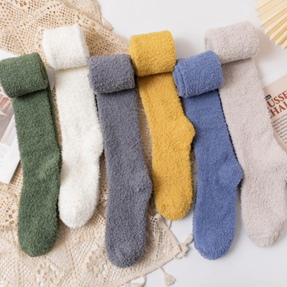 Soft Coral Fleece Stockings Women Winter Solid Color Warm Thigh High Stockings Home Keep Warm Over Knee High Floor Long Socks