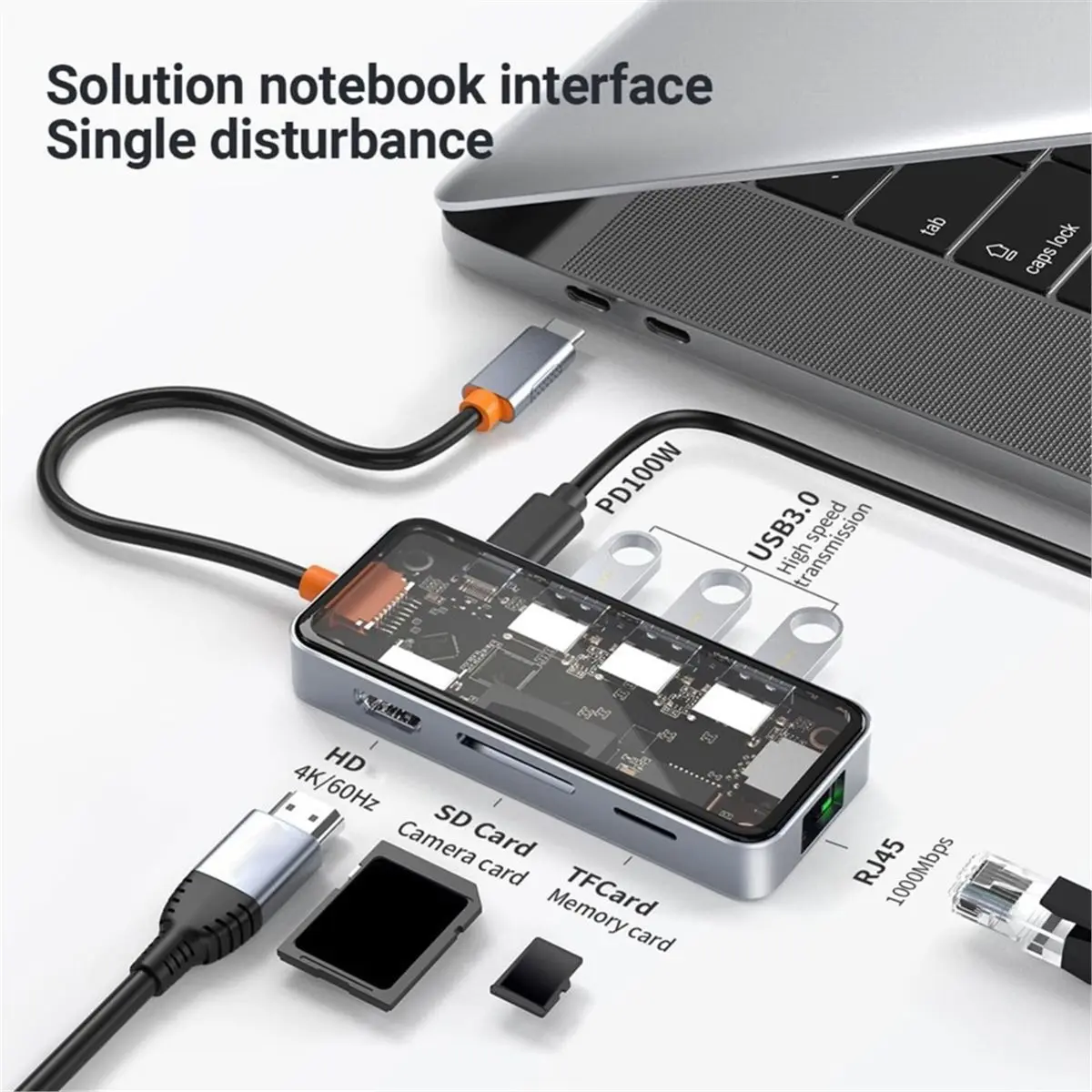 computer Clear USB Hub with RJ45 Gigabit Ethernet, 4K HDMI-Compatible 2.0 Output, 100W PD Charging, Dual Micro/SD Card Reader