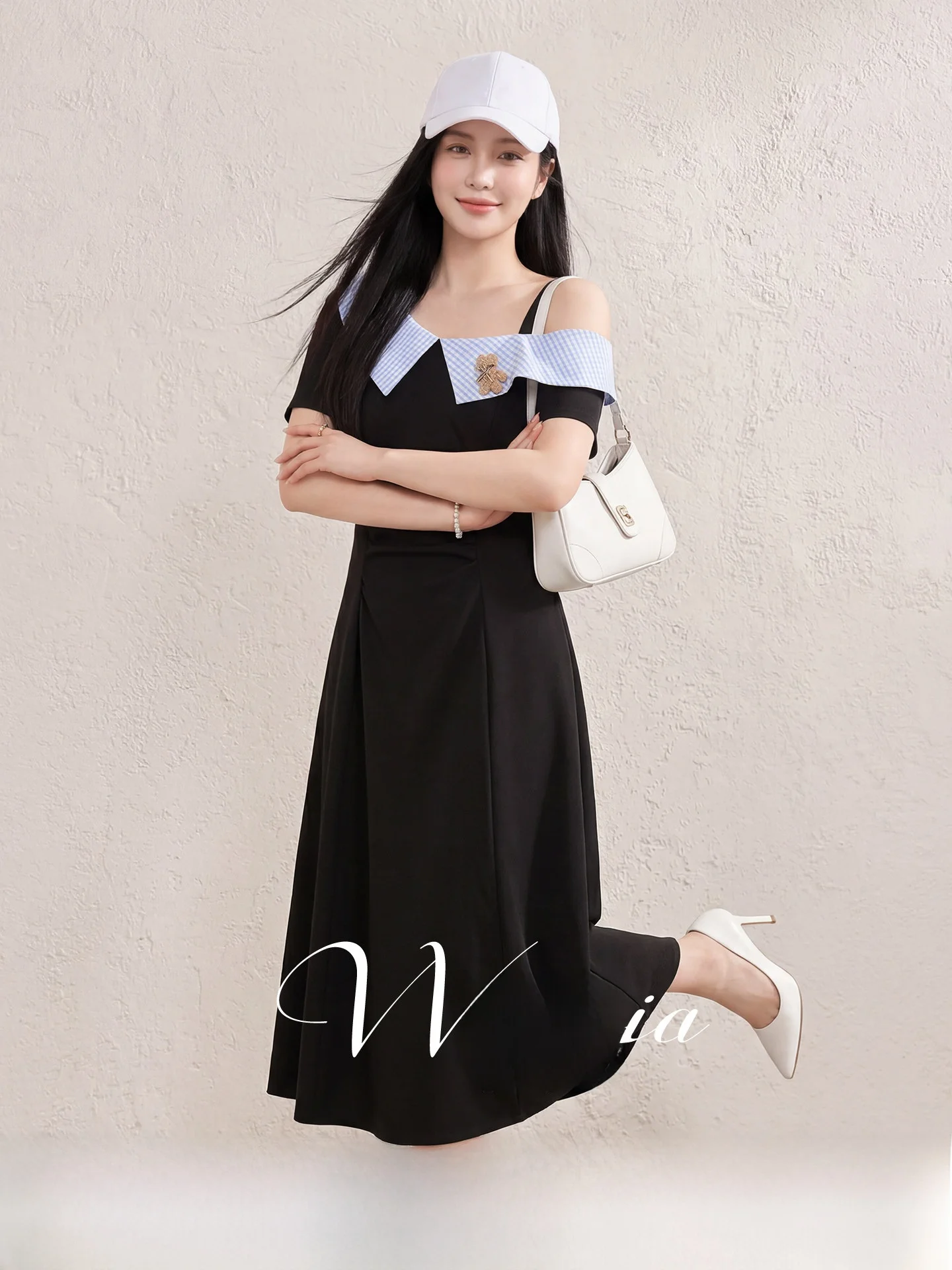 

plus Size Korean Style Shoulder Bared A-Line Midi Dress Women's Clothing Summer New Arrival High Waist Polyester Fiber