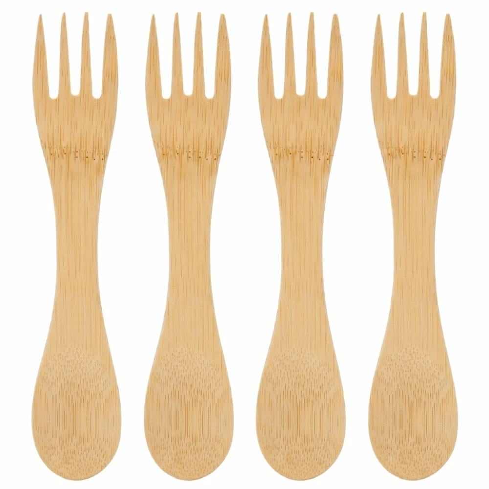 4Pcs Simple Bamboos Spork Lightweight Smooth Polished Tableware Practical Fork Spoon Combo Table Setting