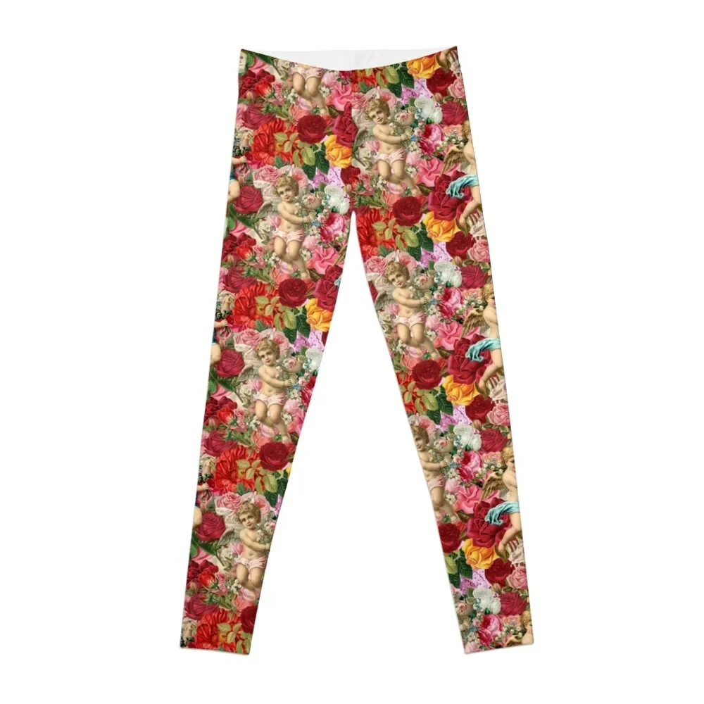 

Vintage Victorian Scrapbook Cherubs with Red Roses by Moose Disco Leggings legging push up Pants sport gym wear Womens Leggings