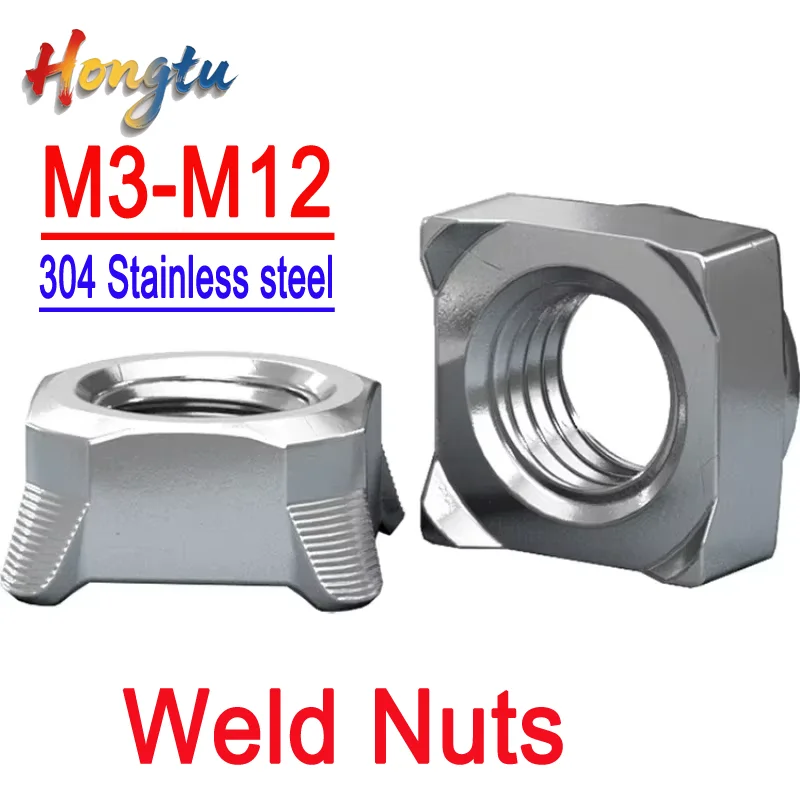 

304 Stainless Square Weld Nuts - M3-M12, 4-Angle Spot Welding