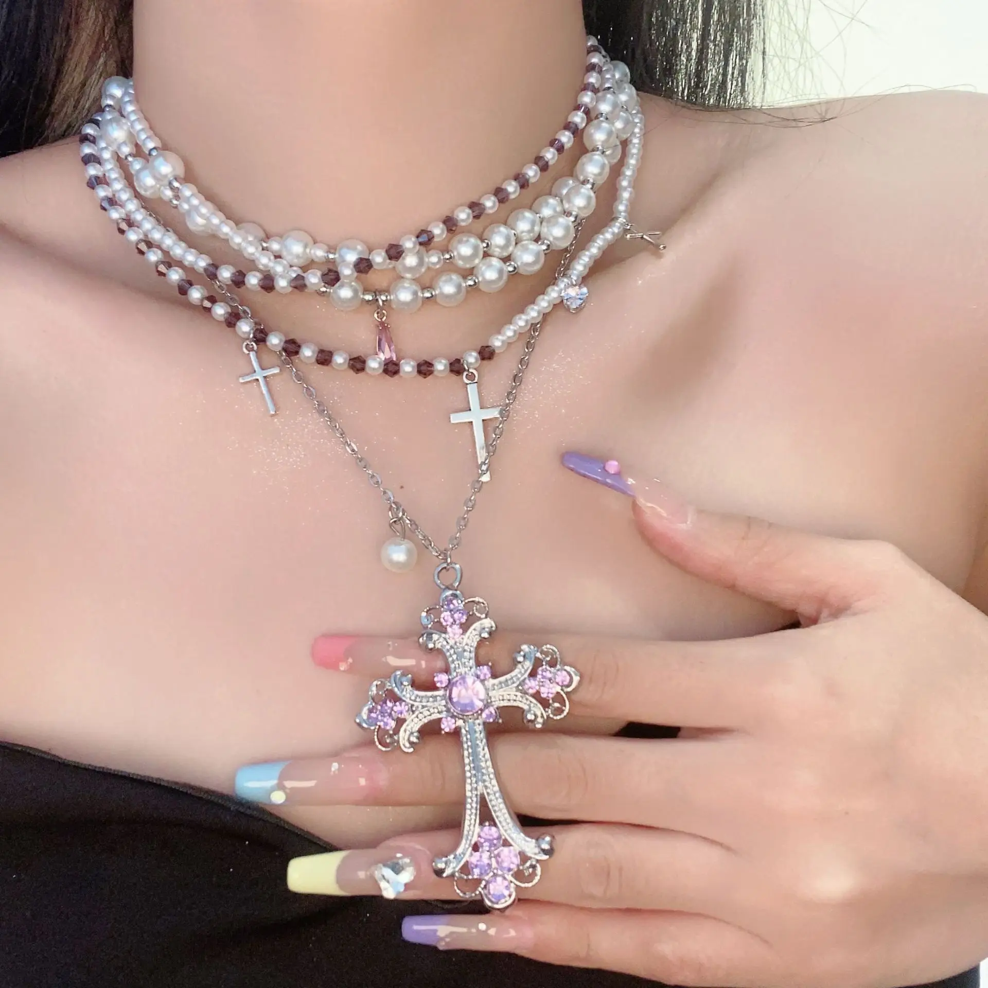 

Vintage Punk Goth Necklace Long Pearl Cross Pendant Imitation Pearl Multi-layered Sexy Fashion Choker For Women Jewelry Gift