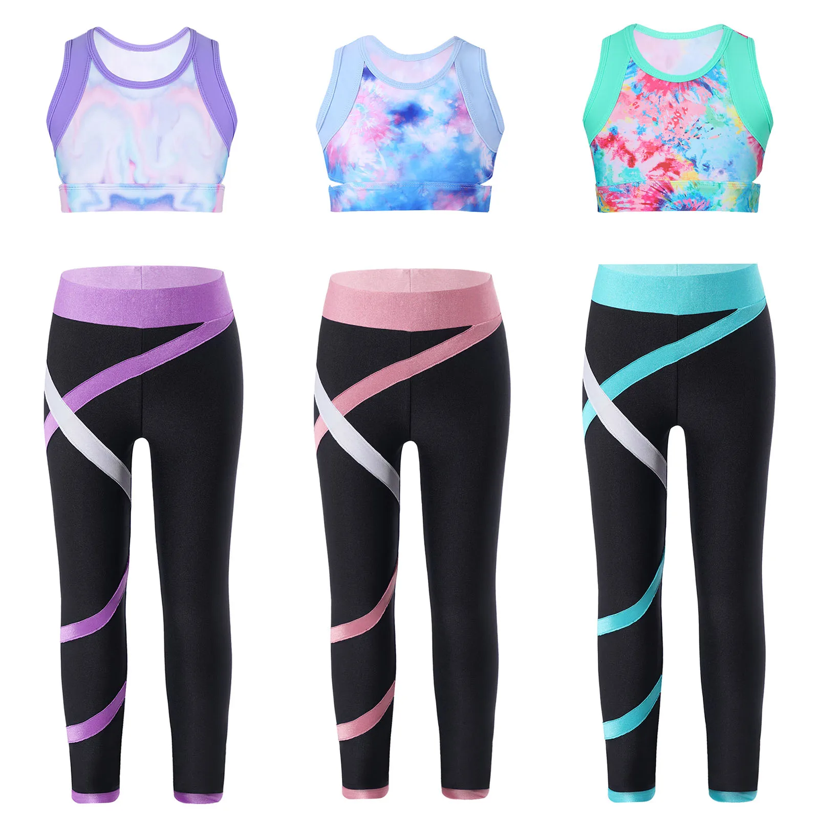 

Kids Girls Ballet Dance Sets Sleeveless Printed Tanks Crop Top+Leggings Outfit Tracksuits for Yoga Gymnastics Workout Dancewear