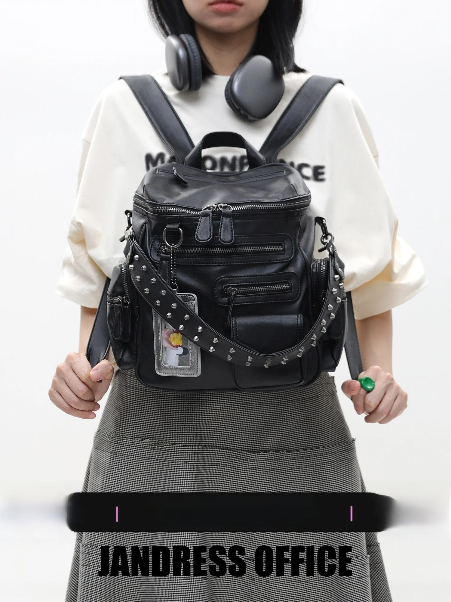 Small Size Motorcycle Style Multi-Pocket Shoulder Bag for Youth Waterproof Modern Neutral JANDRESS Double Strap Backpack