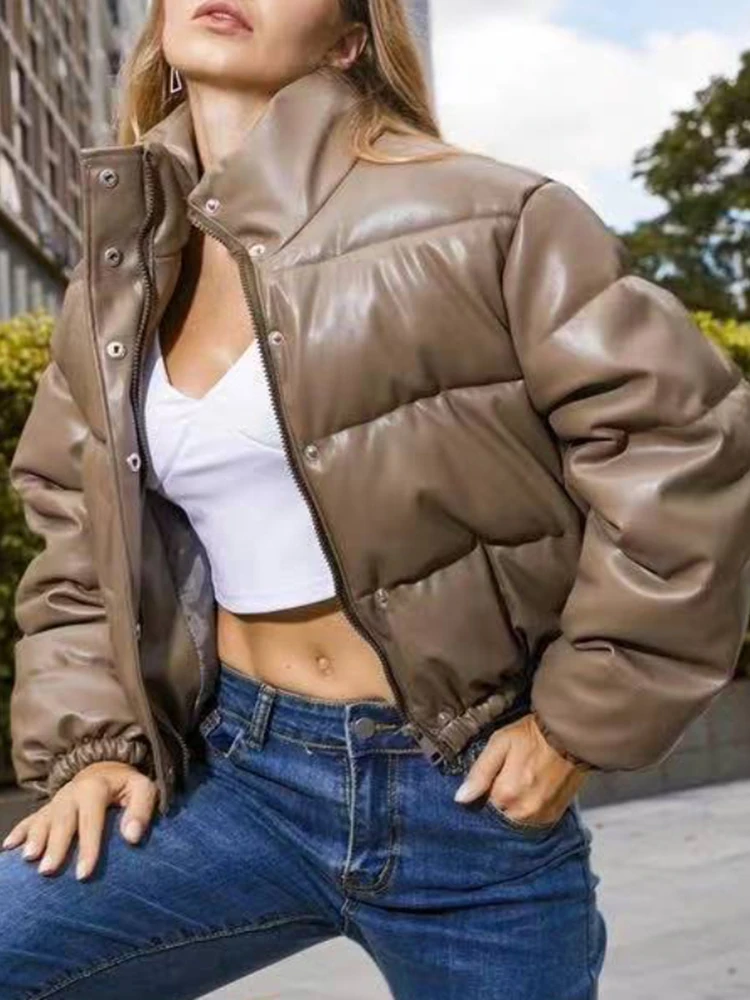 Jmprs Fashion Pu Women Parkas Winter Thick Bomber Jacket Warm Faux Leather Black Cotton Padded Down Jacket Y2K Short Outwear