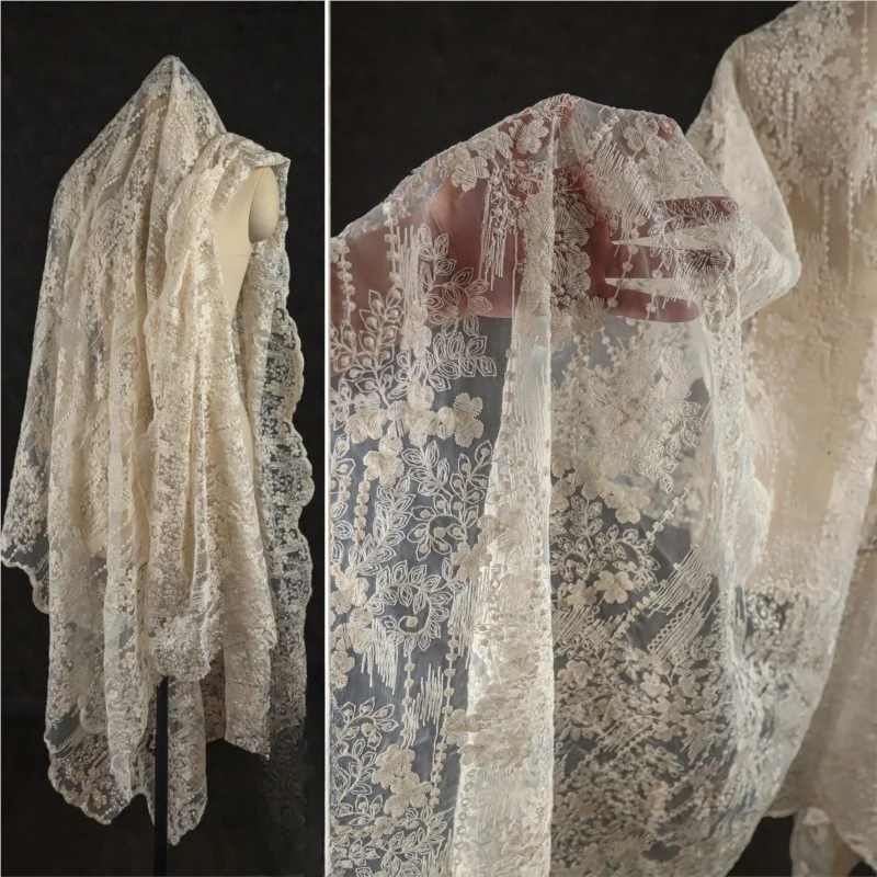 

Apricot-colored embroidered flower tulle lace mesh fabric transparent jacquard fashionable dress and wedding designer