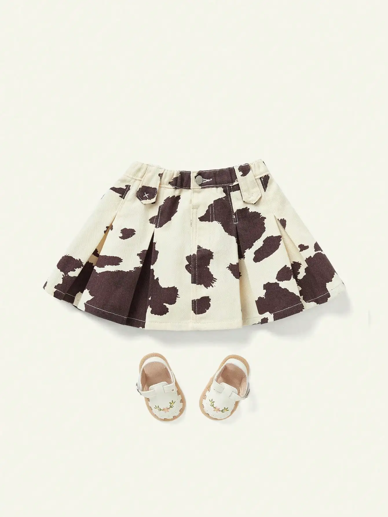 

Cream & Brown Cow Print Pleated Denim Mini Skirt for Girls, Summer Casual