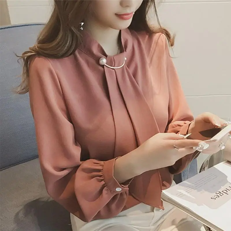 New Korean Style Ring Buckle Decoration Versatile Lantern Sleeve Head Thin Style Minimalist Base Chiffon Shirt Women's Top