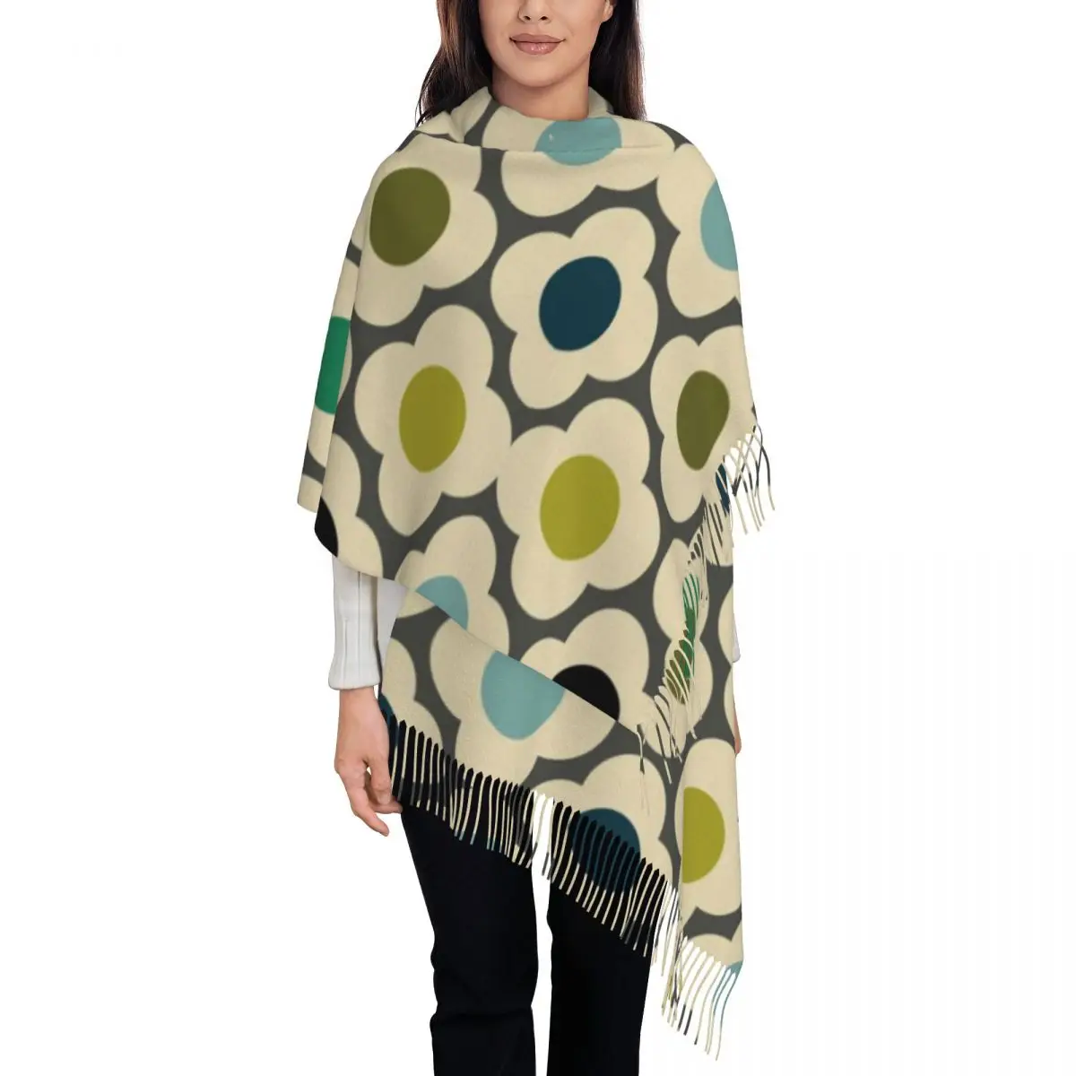 

Orla Kiely Flowers Abstract Tassel Scarf Women Soft Geometric Shawls Wraps Female Winter Scarves