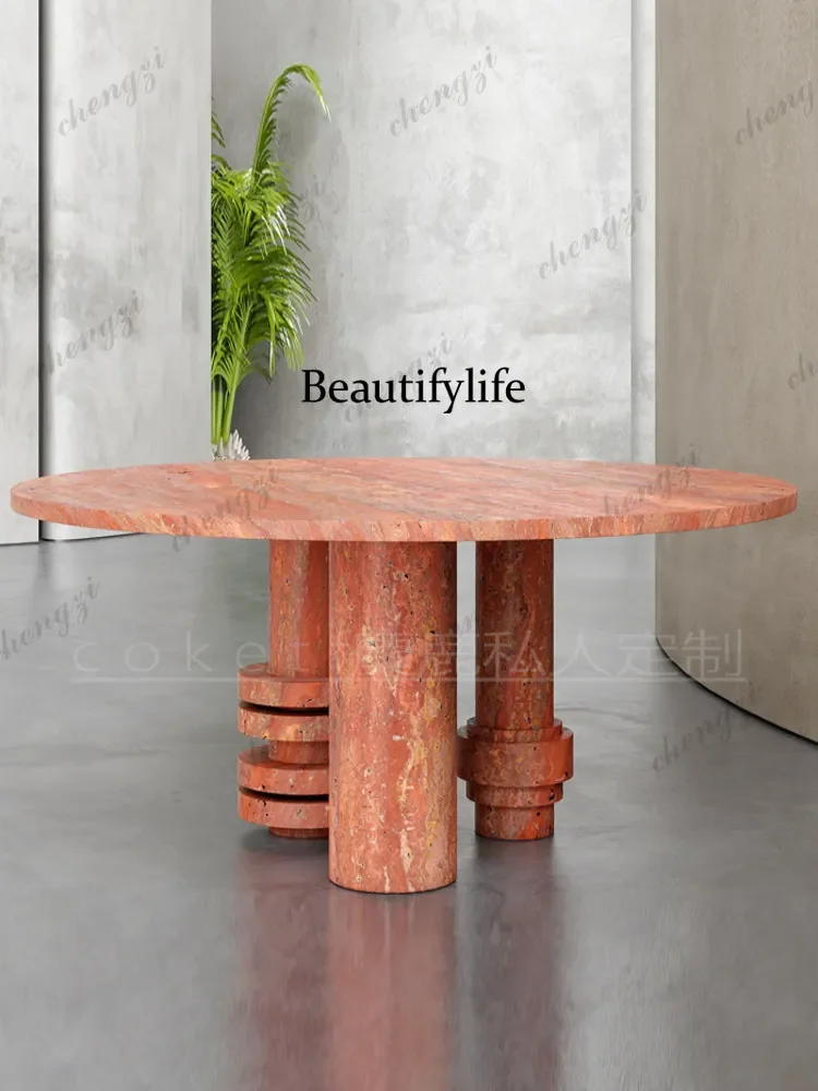 z183 Wabi Sandy Minimalist Natural Round Marble Travertine Dining Table Designer High-end Dining Table