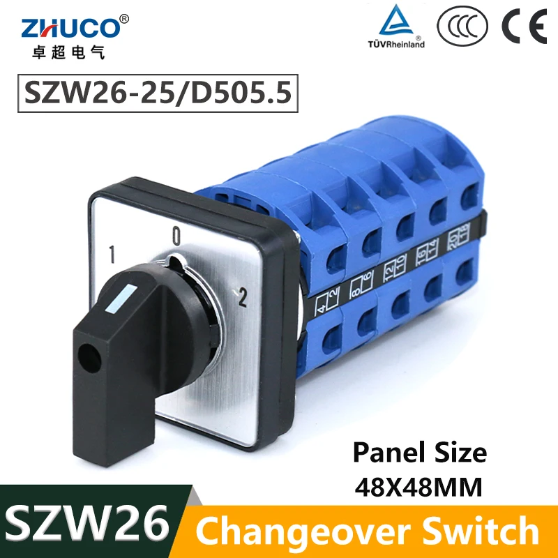 

ZHUCO SZW26/LW26-25 5 Phase Selector Electric Rotary Cam Changeover Knob Switch 3 Positions 20 Terminals 48x48 Mm Panel 660V 25A
