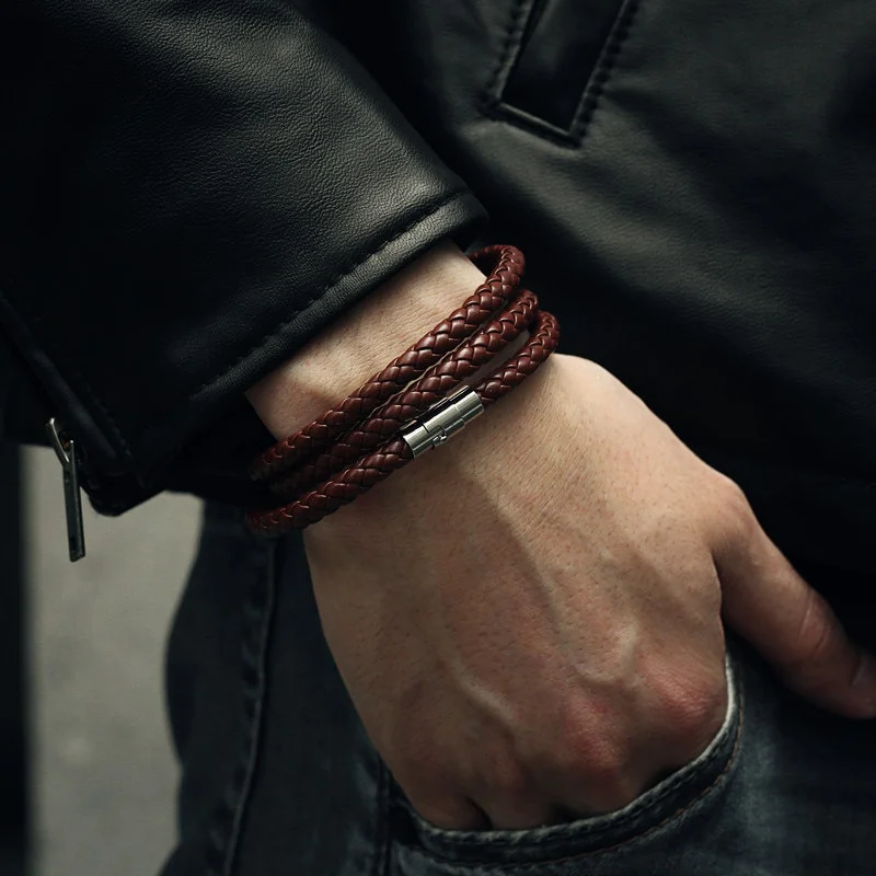 Punk Men\'s Leather Braided Rope Chain Necklace Men Women Stainless Steel Magnetic Clasp Choker Chain Collar Male Jewelry Gift