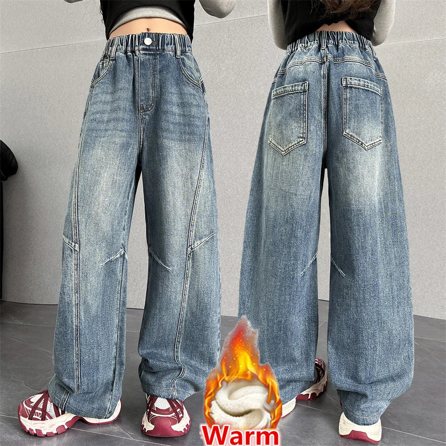 

Stylish Children Warm Thermal Curved Jeans for Tweens Girls New Design Carpenter Denim Pants with Fleece Kids Winter Trousers