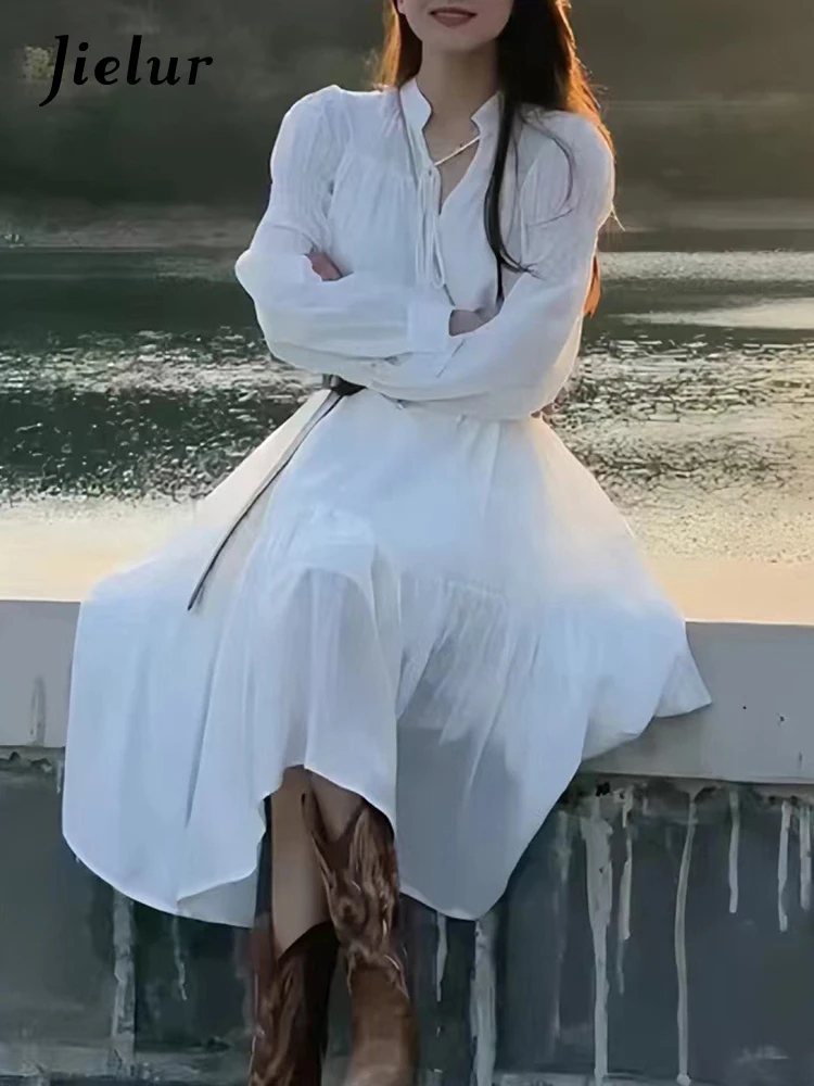 Jielur 화이트 레이스업 러플 벨트 여성 드레스, 심플한 오피스 레이디 셔츠 드레스, 단색 캐주얼 여성 휴가 드레스, 패션
