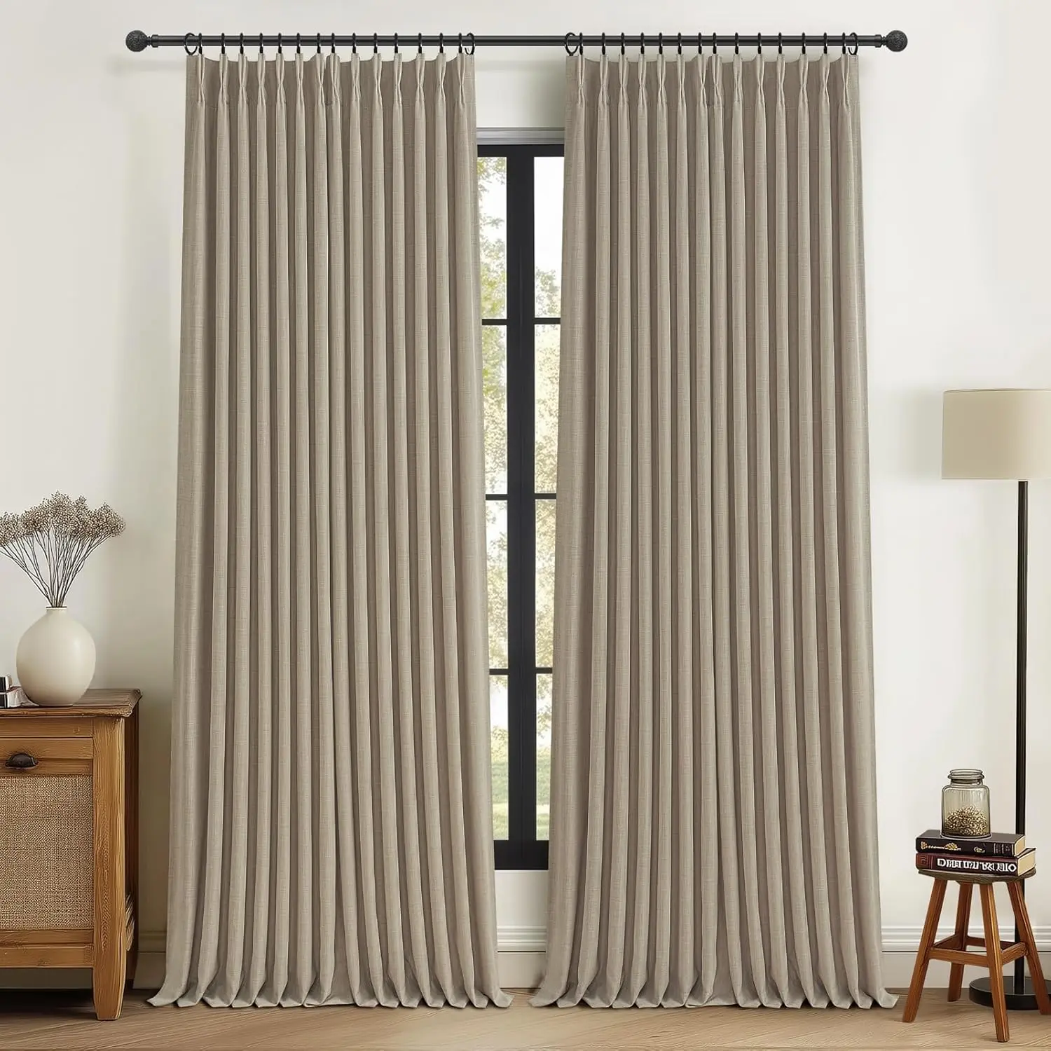 

Linen Blackout Curtains 96 Inch Long for Bedroom, Pinch Pleated Drapes Room Darkening, Double Layer Thermal Insulated Sound Dampening, 2 Panels Set Taupe