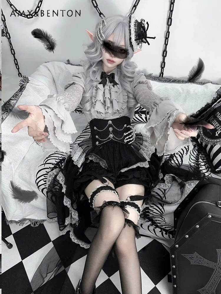 Harajuku Lolita Goth Retro Op Rock Sets Laterne Langarmhemd unregelmäßigen Rock Subkultur zweiteilige Sets Damen Outfits