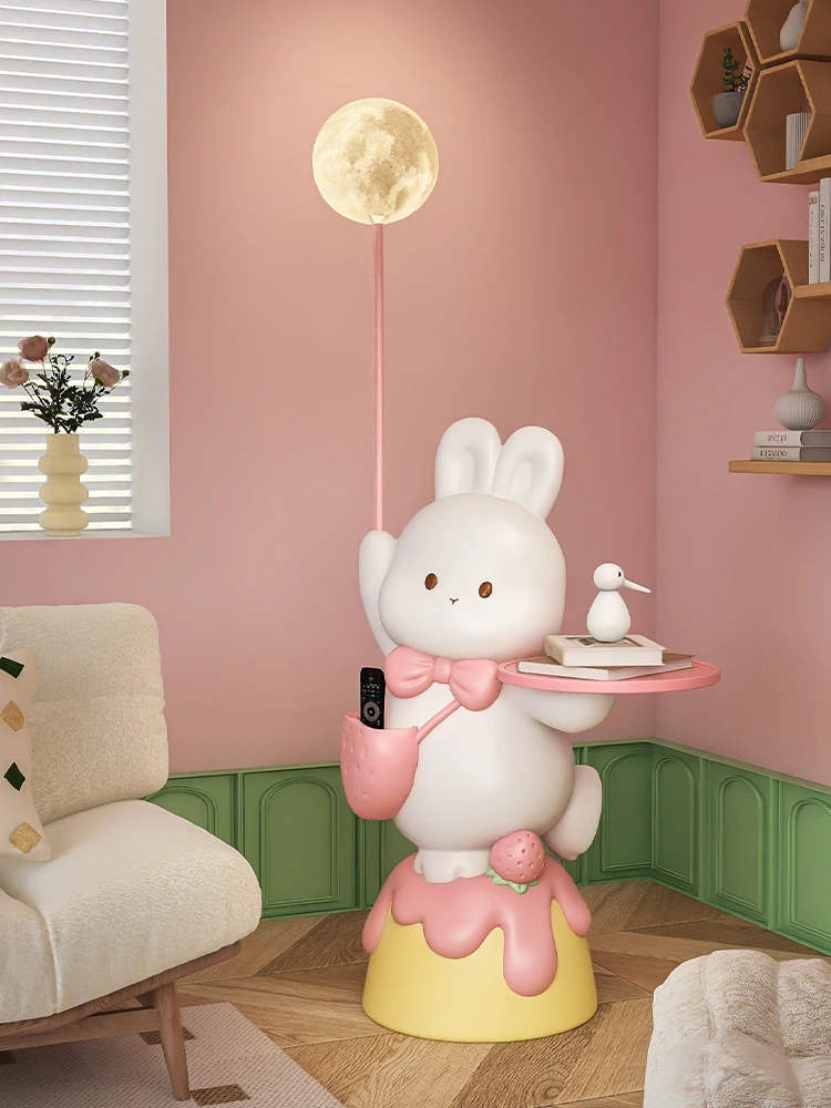 Cream Style Home Decor Cute Pink Rabbit Statue Tray Large Creative Living Room Girl's Room Bedside Floor Decorative Accessories