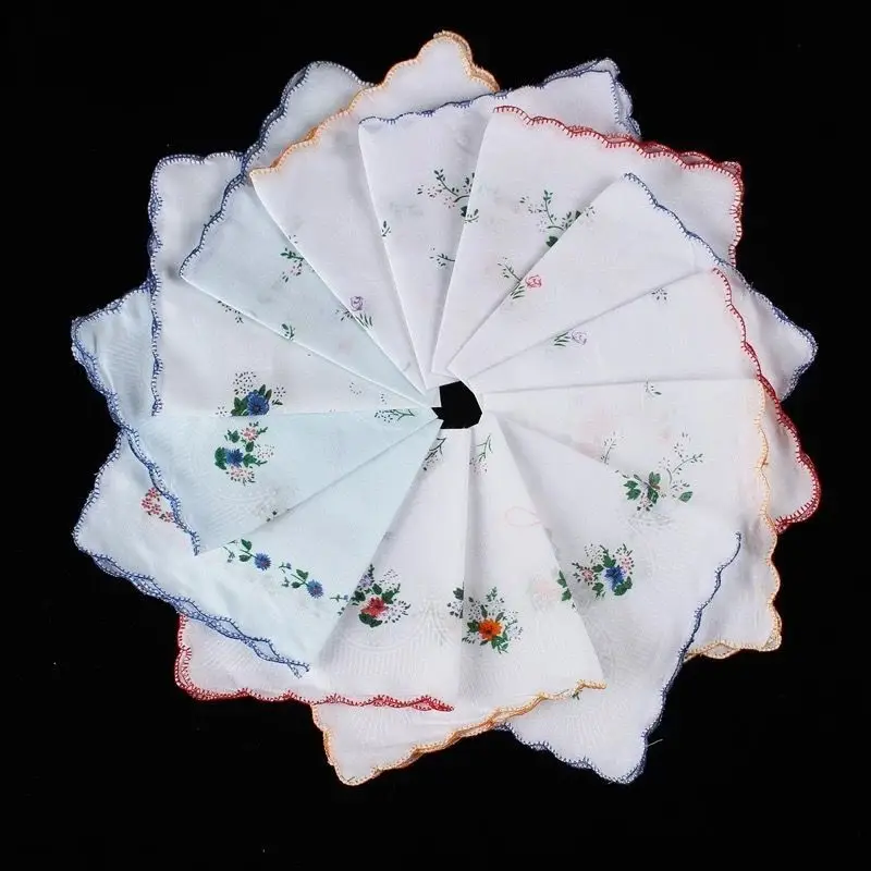 12Pcs Women's Old-fashioned Cotton Handkerchief Crescent Edge Hand Roll Antique Square Towel Sweat Wipe Pure Girls Small