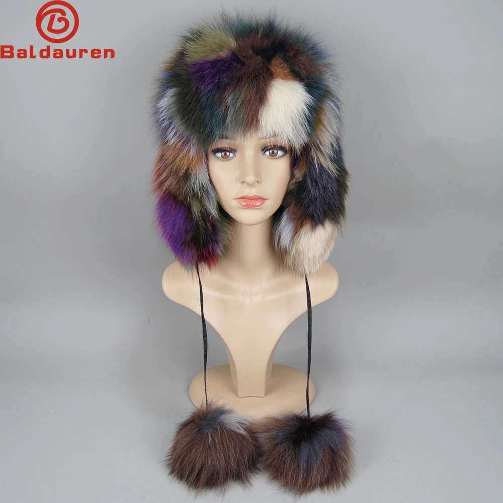 

New Winter Fur Hat for Women Hat with Ear Real Fox Fur Caps Russian Women Bomber Hats Bonnets Trapper Cap Camo Fox Hat Wholesale