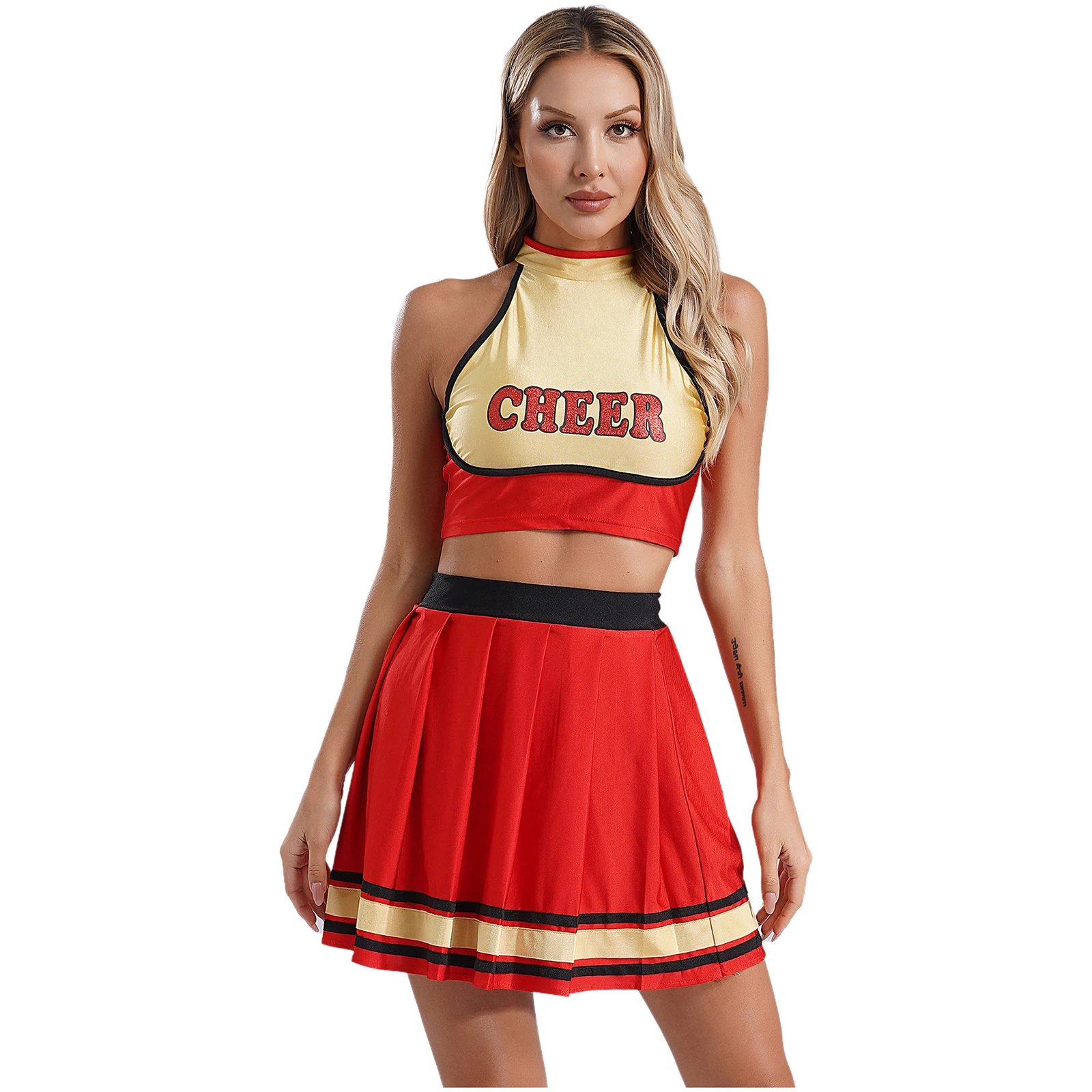 

Womens Schoolgirl Cheerleading Uniform Mock Neck Sleeveless Letter Print Crop Top and Pleated Skating Skirt 2Pcs Suit Dancewear