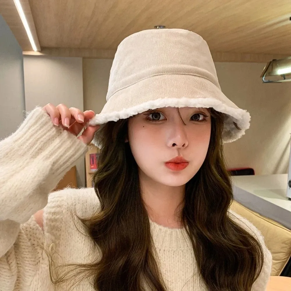 

Casual Lamb Wool Bucket Hat Simple Sun Protection Female Hats Winter Double Sided Wearing Winter Plush Fishman Hat For Women