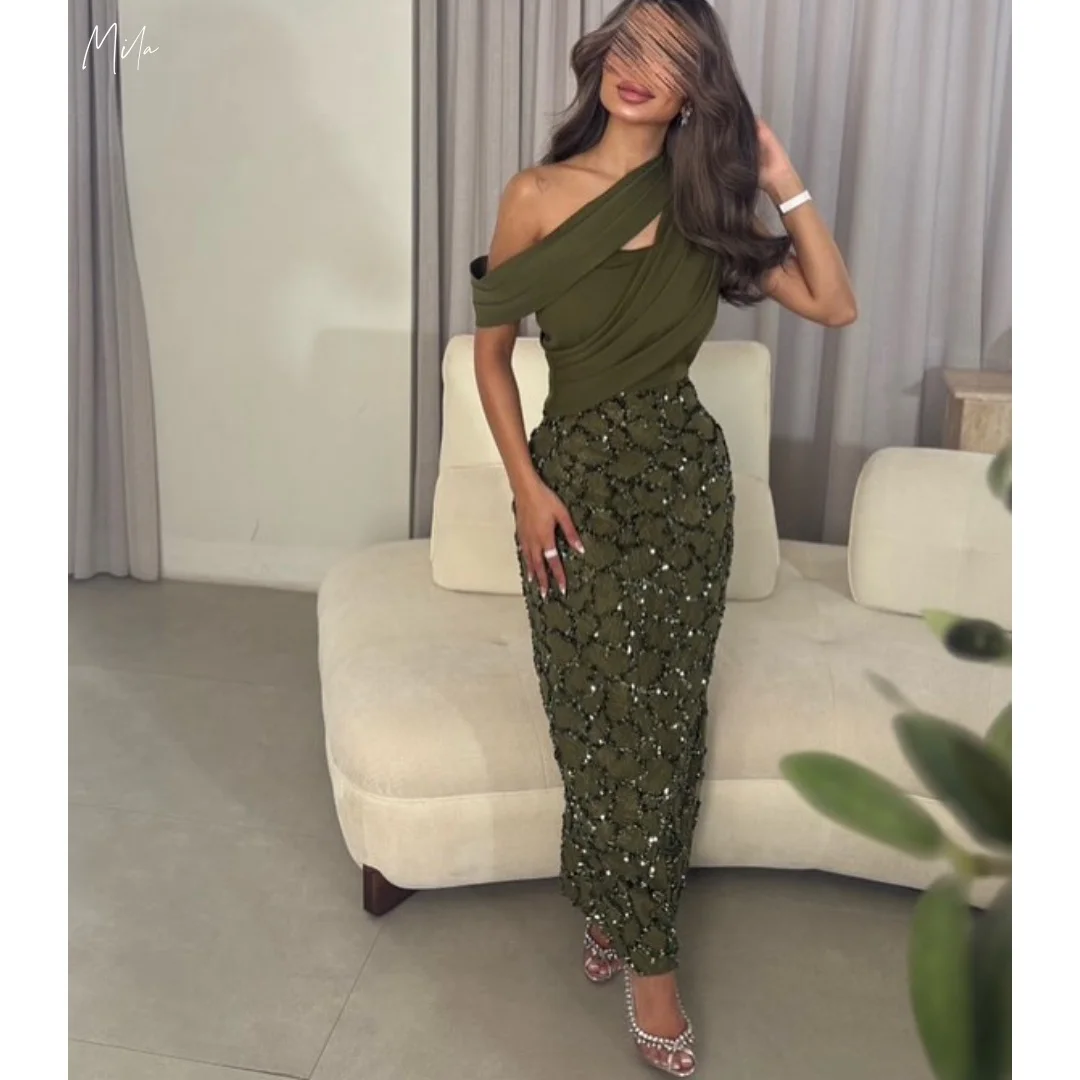 

Mila Olive Green One-Shoulder Prom Dresses Sequin Skirt Cutout Bodice Customized Formal Evening Midi Length vestidos de gala