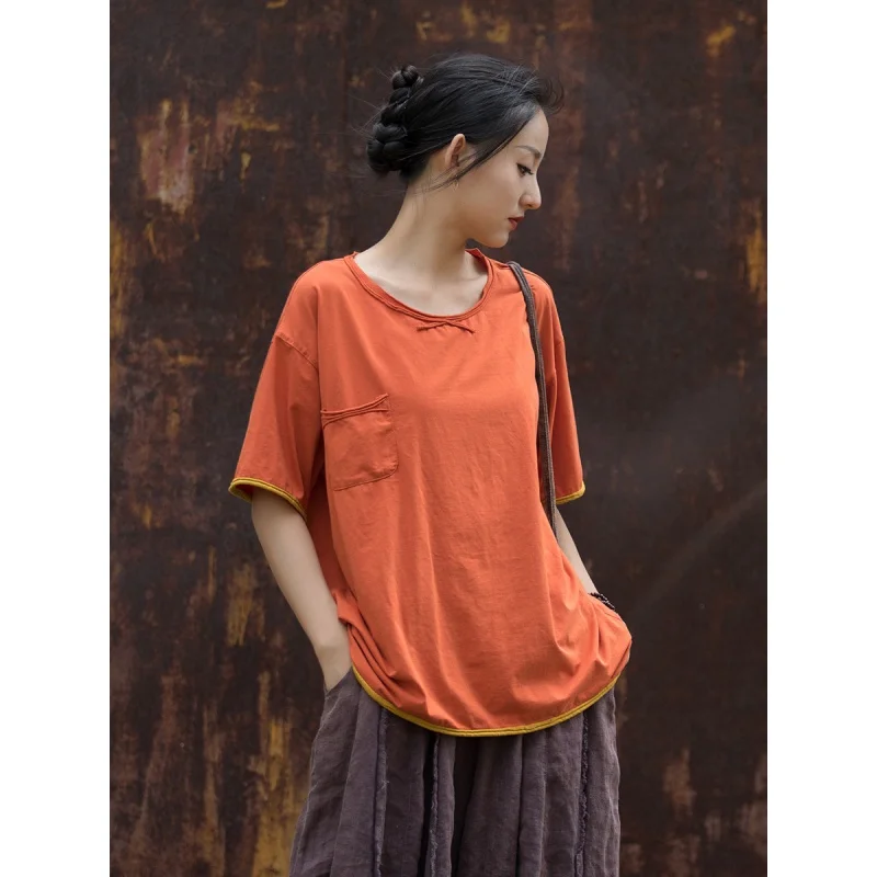 Women summer tshirt 100% cotton solid yellow orange loose casual T-shirt original design Japan Korean style tops