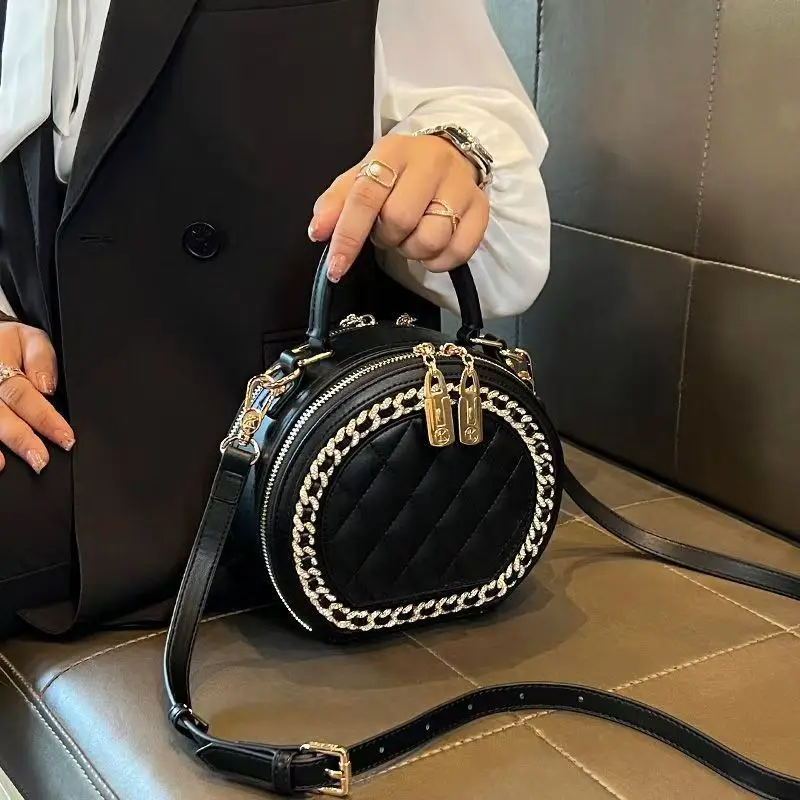 

Женская осенне-зимняя маленькая круглая сумка с ромбами, сумка через плечо из натуральной кожи