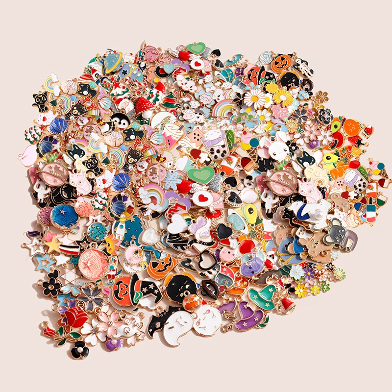 Leslie Bulk Sale 50/100pcs Enamel Cartoon Hearts Animal Charms Flowers Fruits Rainbow Pendants for DIY Jewelry Making Wholesale