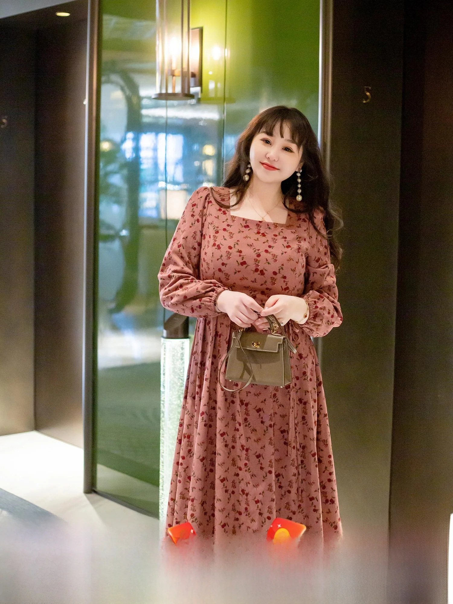 

GLEC plus Size Women's Spring New High-End Rose Print Velvet Dr Slimming Anti-Aging Commute Sle Loose Fit High Waist