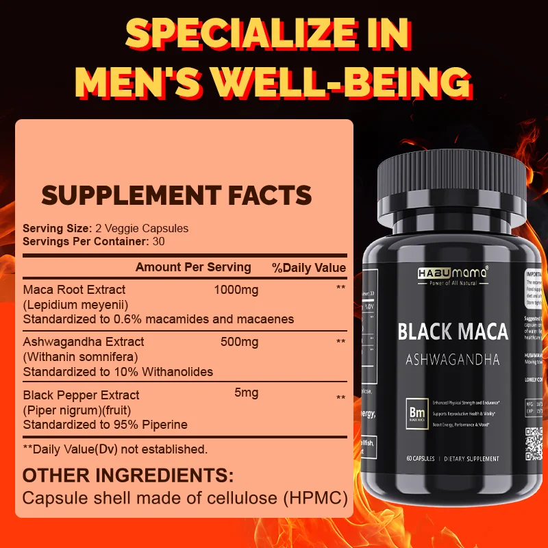HABUMAMA Black Maca Booster for Men - Maca Supplements for Health, Energy & Endurance, Muscle Mass