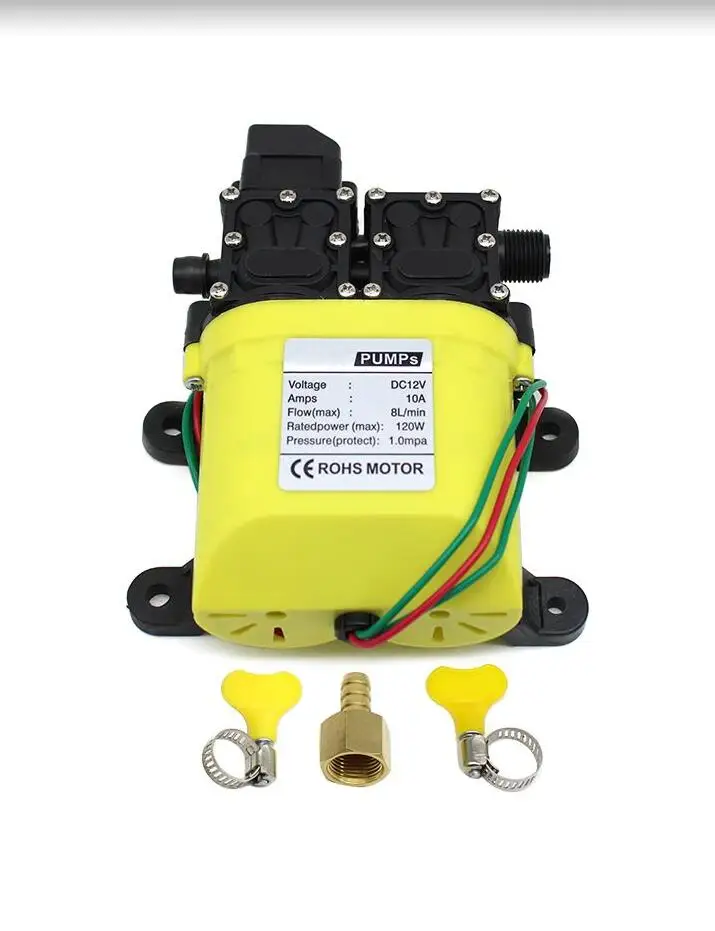 Grande Fluxo Duplo Cabeça Diafragma Bomba de Água com Cobre Conector Lavadora do Carro Pulverizador Esterilizador 12v 120w 8l por Min