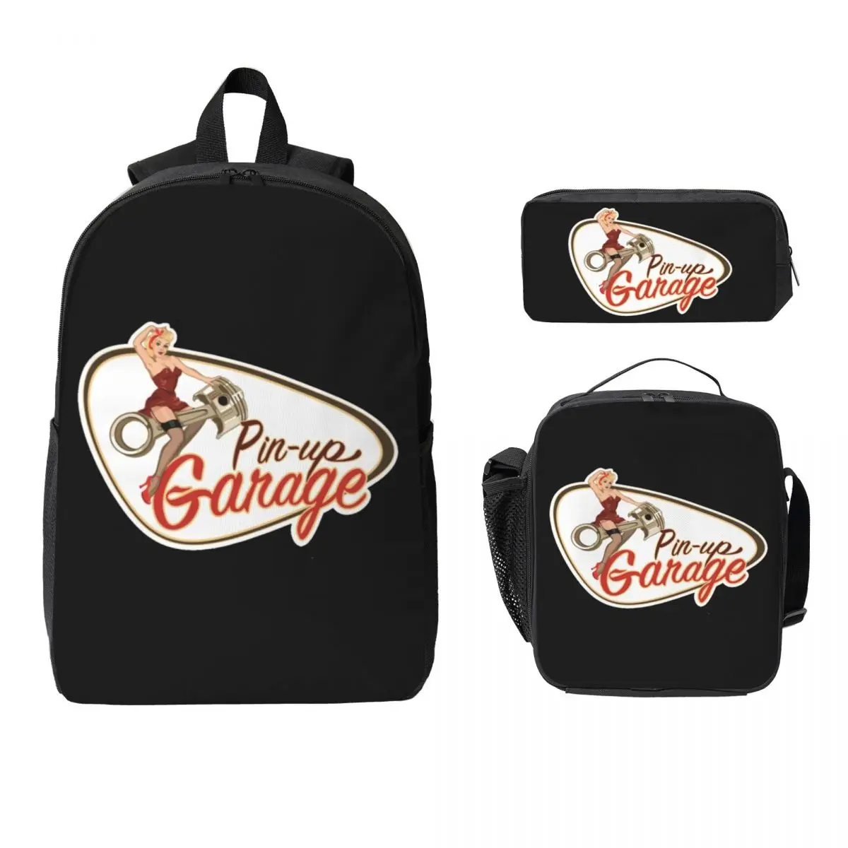 

Pin Up Garage Retro Rockabilly Design Backpack Boys Girls BookBag School Bag Shoulder Bags 3ps Insulated Lunch Bag Pencil Case