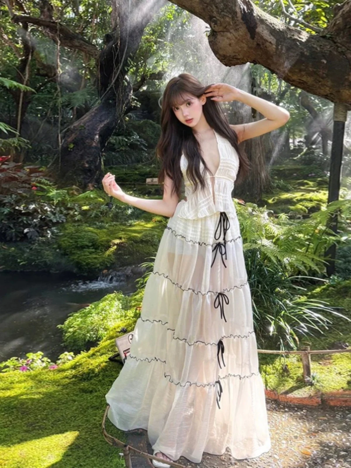 

Sweet Pure Desire Island Vaion Travel Outfit Skirt Set Two-Piece Polyester Fiber V-Ne Overhead Sle Faionable Ensemble