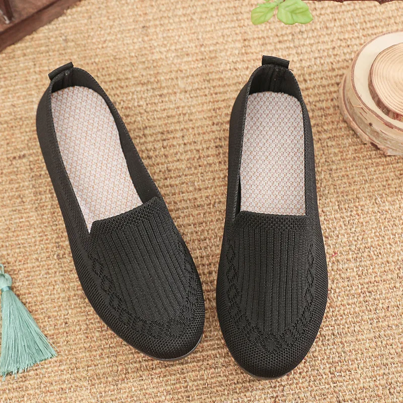 Summer New Women's Solid Color Knit Loafers Soft Sole Sport Walking Shoes for Woman Mesh Breathable Lightweight Anti Slip Flats