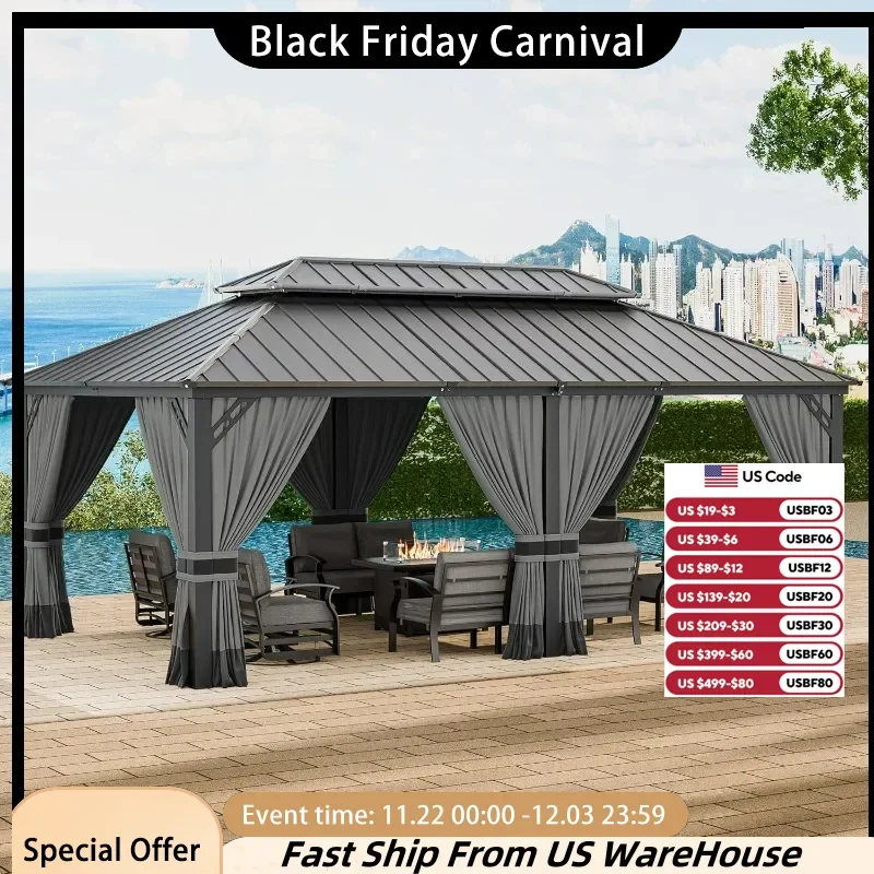 

12’x20’ Hardtop Gazebo, Galvanized Steel Double Roof Gazebo with Nettings and Curtains for Patio, Lawns,Backyard, Deck(Grey)