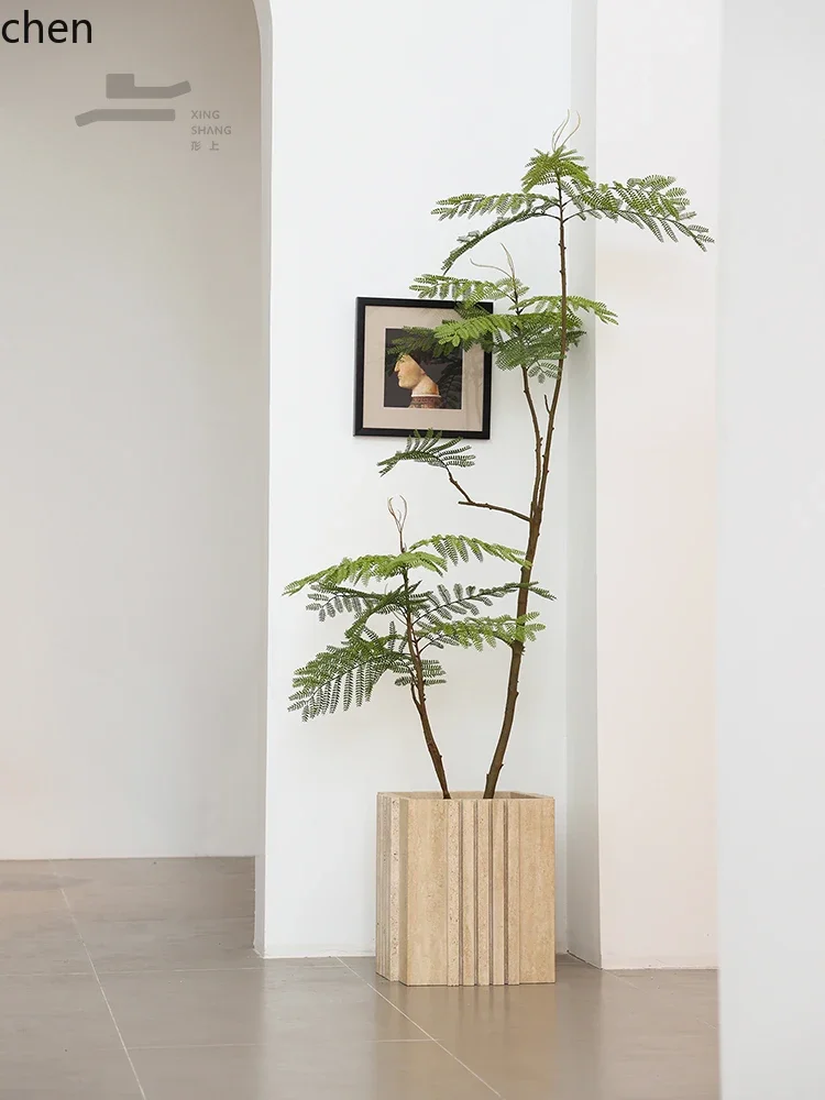 HT Marble Travertine Flower Pot Floor-standing Green Plant Artificial Blue Camellia Living Room Ornament