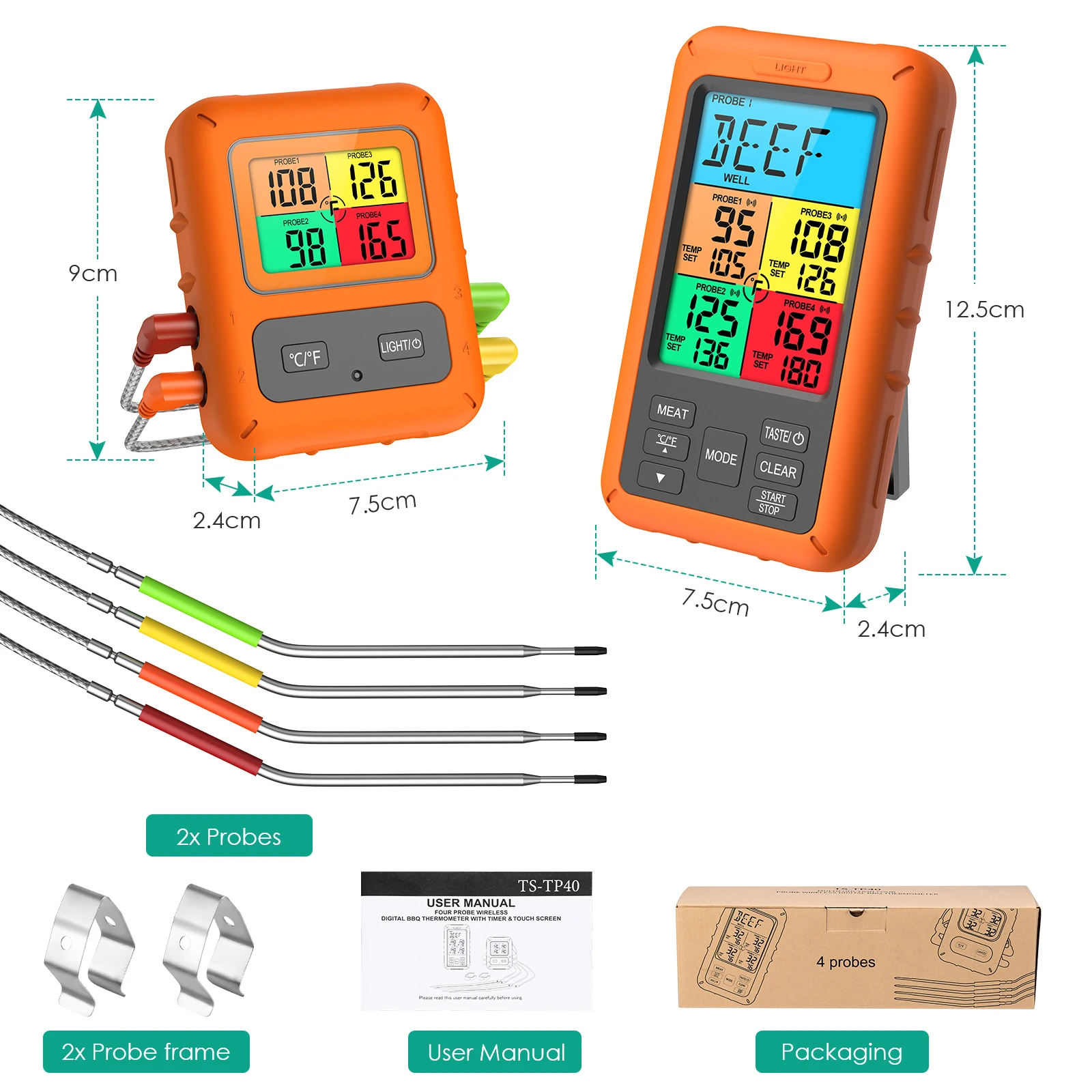 ORIA Wireless Food Thermomrter 4 Probes BBQ Thermometer Digital Kitchen Cooking Thermometer with Timer