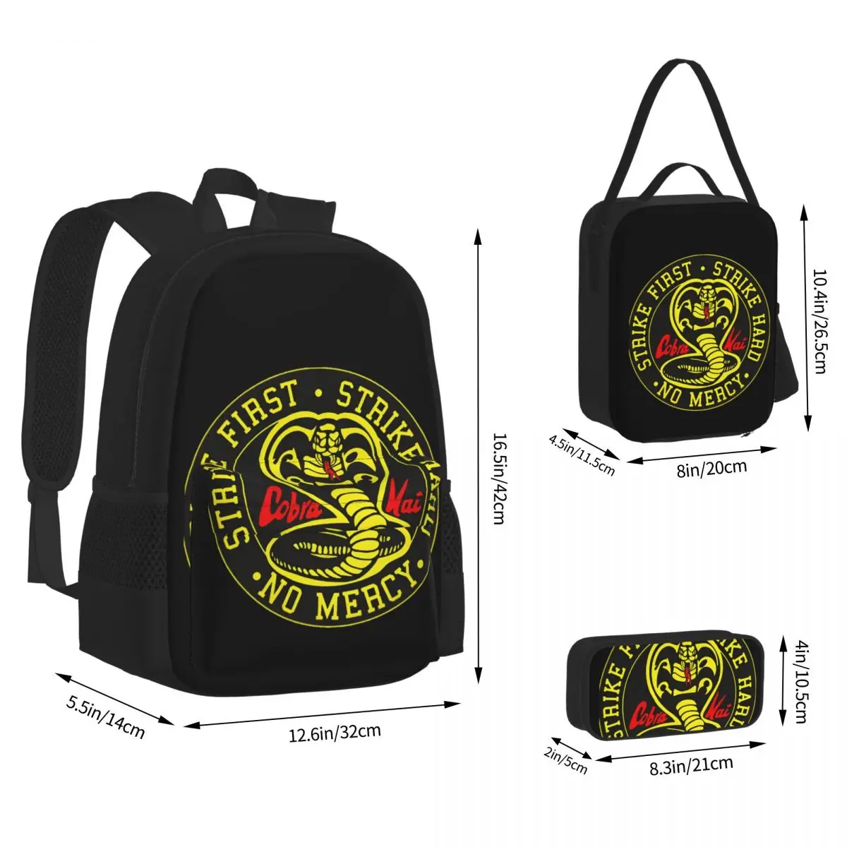 Cobra Kai Cobra Kai No Mercy Backpacks Boys Girls Bookbag Children School Bags Kids Rucksack Lunch Bag Pen Bag Three-Piece Set