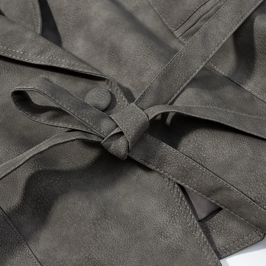جديد الخريف Vintage المرأة غسل رمادي بولي Leather سترة جلدية التلبيب طوق التعادل القوس الزنانير زر واحد كم كامل معطف ملابس خارجية قصيرة